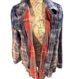 Free People Oversized Studded Plaid Jacket Distressed Boho Shacket Size Medium